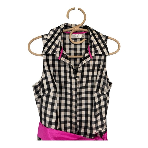 Eliza J Gingham Checkered Hot Pink Sash Button Down Sleeveless Dress NWOT 4 - Picture 4 of 16